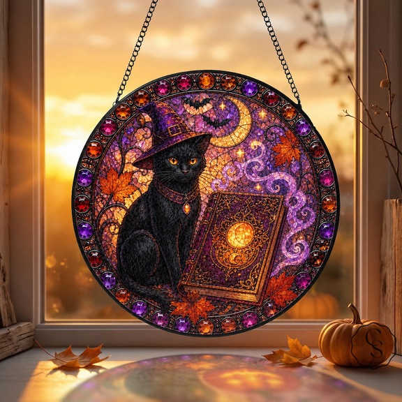 Glass Window Hanging Black Cat and Spell Book Glass Window Suncatcher for Halloween