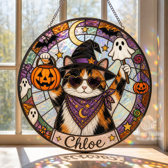 Glass Window Hanging Calico Cat Witch Glass Suncatcher for Halloween Window Decor Cat Lovers