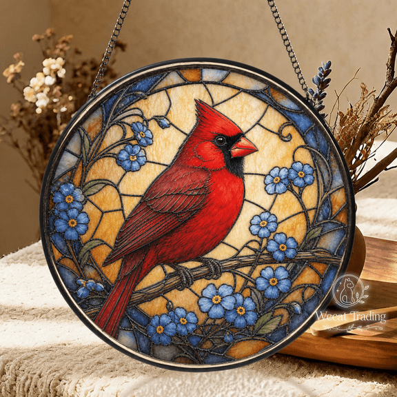 Glass Window Hanging Cardinal Memorial Sun Catcher for Remembrance Gift