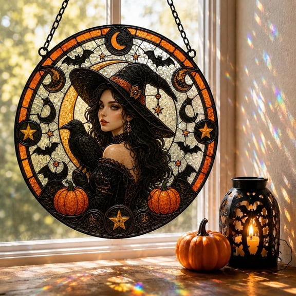 Glass Window Hanging Classic Witch Portrait Glass Window Decor for Halloween Lovers