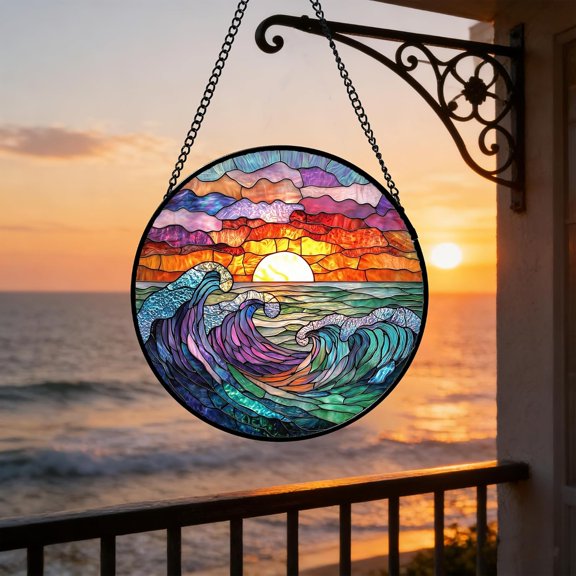 Glass Window Hanging, Clouds And Sea Waves Suncatcher Diamond Glass Panel Hangings Scenery Sun Catchers Decor, Suncatcher Window Hanging, 3.5 in