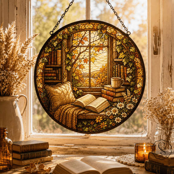 Glass Window Hanging Cozy Reading Nook Stained Glass Sun Catcher for Book Lovers