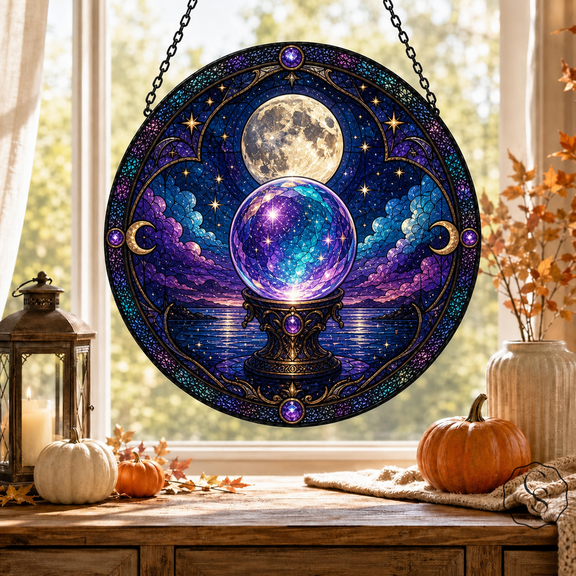 Glass Window Hanging Crystal Ball Moon Glass Window Display for Witchy Home