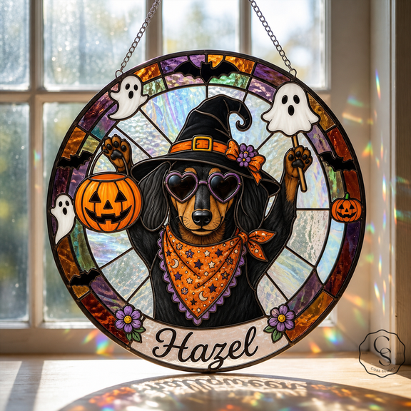 Glass Window Hanging Dachshund Witch Glass Window Decor for Dog Lovers Halloween Gift