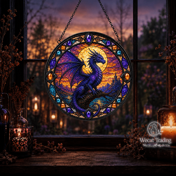 Glass Window Hanging Dragon Moon Glass Suncatcher for Window Display, Fantasy Gift