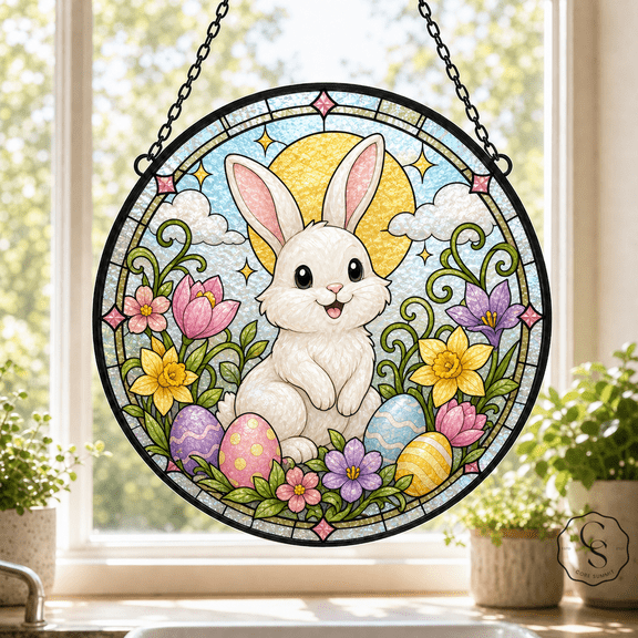Glass Window Hanging Easter Bunny Floral Glass Suncatcher for Spring and Easter Decor