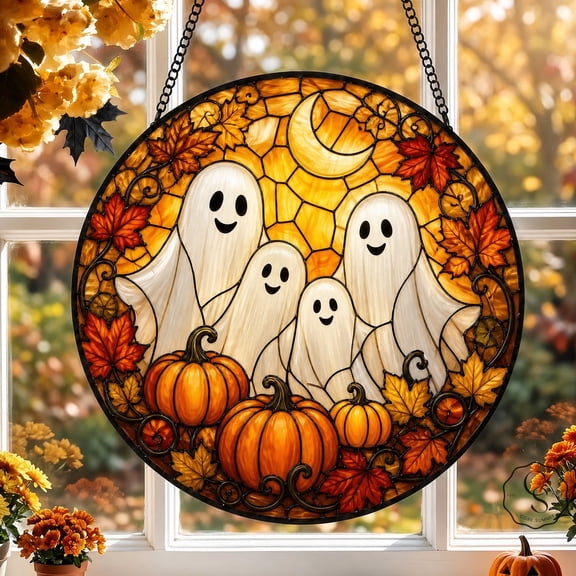 Glass Window Hanging Ghost Family Halloween Window Suncatcher for Fall Decorating
