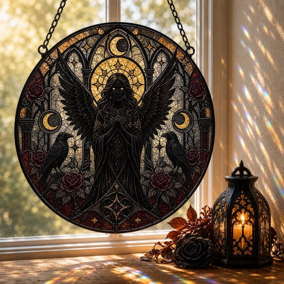 Glass Window Hanging Gothic Angel in Dramatic Stained Glass for Halloween Window Decor