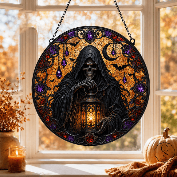 Glass Window Hanging Grim Reaper Lantern Suncatcher for Gothic Halloween Decor Lovers