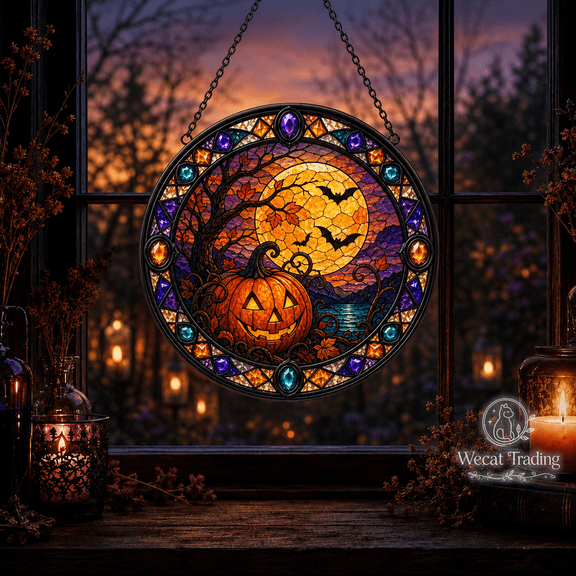 Glass Window Hanging Halloween Pumpkin Moon Glass Suncatcher for Window Halloween Decor