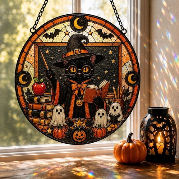 Glass Window Hanging Halloween Teacher Cat Witch Glass Window Decor for Classroom