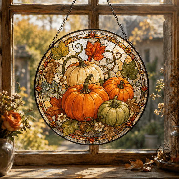 Glass Window Hanging Harvest Pumpkin Glass Suncatcher for Fall Windows, Thanksgiving Hosts