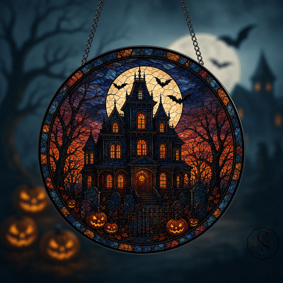 Glass Window Hanging Haunted Victorian House Suncatcher for Halloween Lovers
