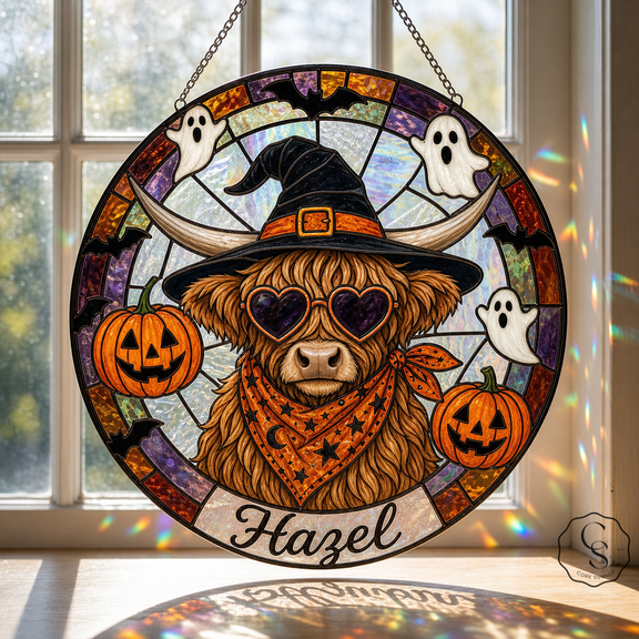 Glass Window Hanging Highland Cow Witch Glass Sun Catcher for Halloween Decor Lovers