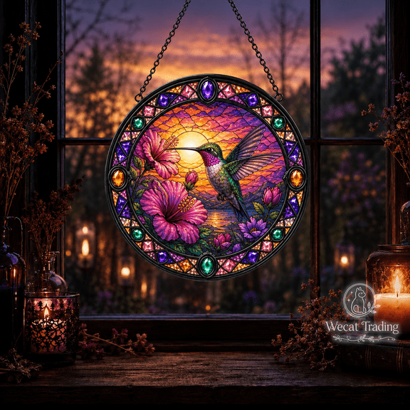 Glass Window Hanging Hummingbird Floral Sunset Suncatcher for Bird Lovers
