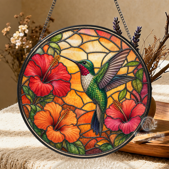 Glass Window Hanging Hummingbird and Hibiscus Glass Sun Catcher for Window Bird Lover Gift