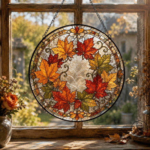 Glass Window Hanging Maple Leaf Wreath Glass Suncatcher for Autumn Window Decor