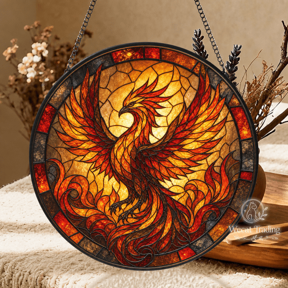 Glass Window Hanging Phoenix and Flames Round Suncatcher for Window Display, Fantasy Decor