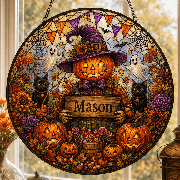 Glass Window Hanging Pumpkin Head Halloween Glass Suncatcher for Windows and Fall Gift Giving