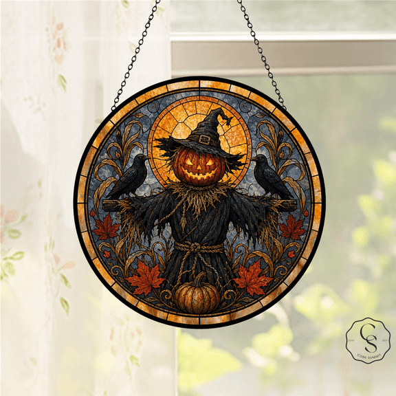 Glass Window Hanging Pumpkin Head Scarecrow Acrylic Sun Catcher for Halloween Decor