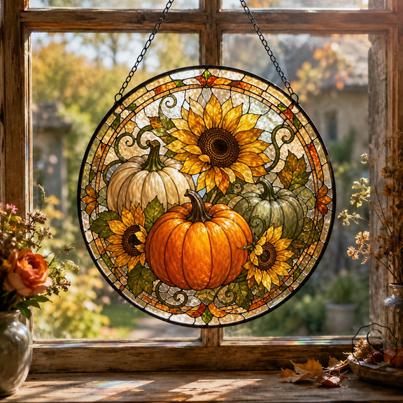 Glass Window Hanging Pumpkin Sunflower Stained Glass Suncatcher for Fall Windows