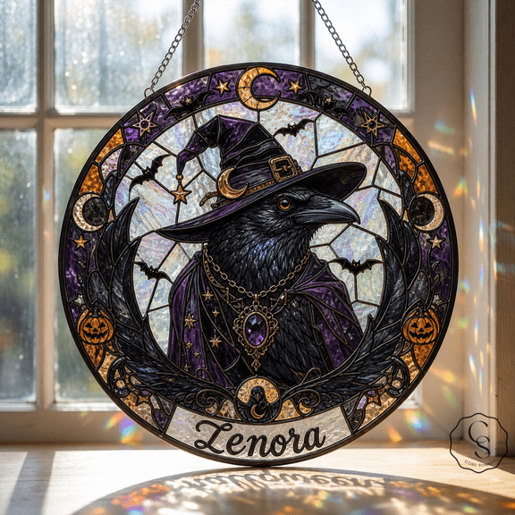 Glass Window Hanging Raven Witch Glass Suncatcher for Gothic Halloween Decor Lovers