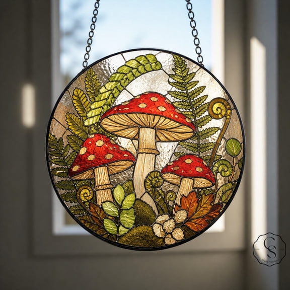 Glass Window Hanging Red Mushroom Cottagecore Suncatcher for Whimsical Home Decor