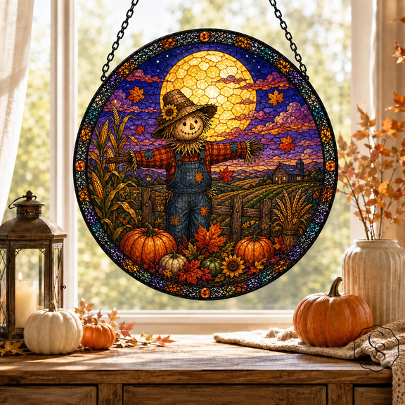 Glass Window Hanging Scarecrow Harvest Moon Glass for Window Fall Farmhouse Decor