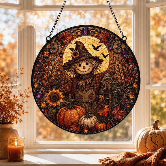 Glass Window Hanging Scarecrow Harvest Moon for Window Display, Fall Decor