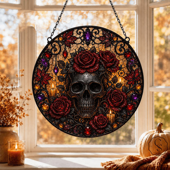 Glass Window Hanging Skull Roses Stained Glass Window Suncatcher for Gothic Halloween Decor