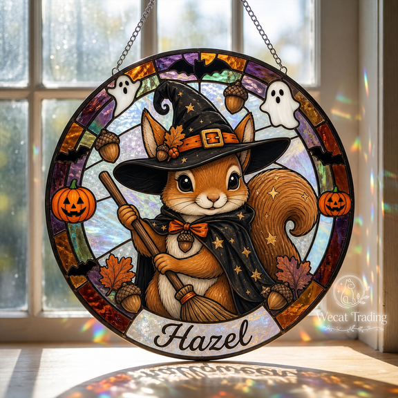 Glass Window Hanging Squirrel Witch Glass Suncatcher for Halloween Window Decor