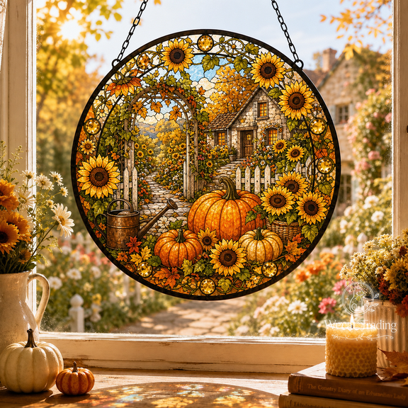 Glass Window Hanging Sunflower Pumpkin Garden Window Suncatcher for Fall Decor