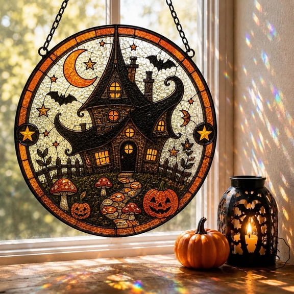 Glass Window Hanging Witch Cottage Glass Window Decor for Halloween Lovers
