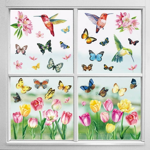 Glass Window Sticker Printed Tulip,8 Sheets 83 Pcs Butterfly Tulip Flower Window Decals Watercolor Stickers for Glass Windows Home Classroom Office C