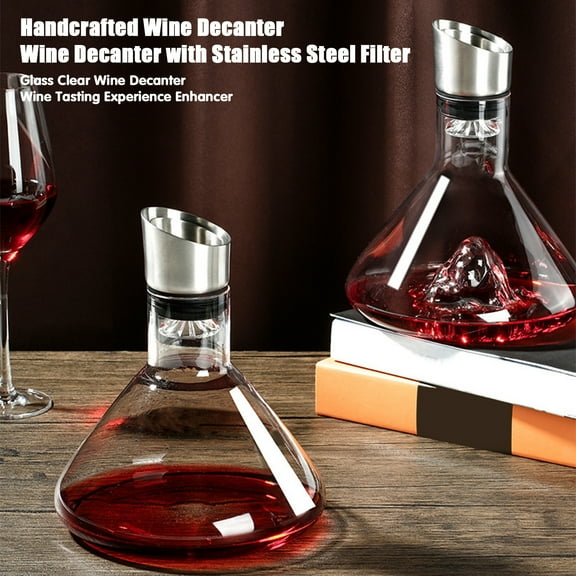 Glass Wine Decanter with Aerator - Stainless Steel Filtration 12-Channel Aeration 1600ml Capacity Handcrafted Red Wine Carafe