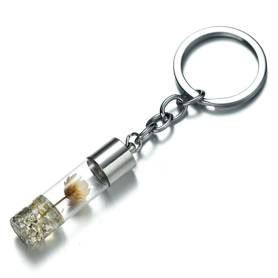 Glass Wish Bottle Keychain, Wish Drift Bottle w/ Dried Flower Pendant Charms Key Ring - Cream