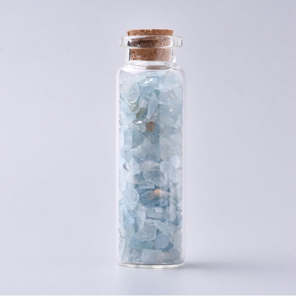Glass Wishing Bottle For Pendant Decoration with Aquamarine Chip Beads Inside and Cork Stopper 22x71mm