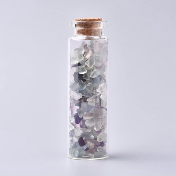 Glass Wishing Bottle For Pendant Decoration with Fluorite Chip Beads Inside and Cork Stopper 22x71mm Fluorite