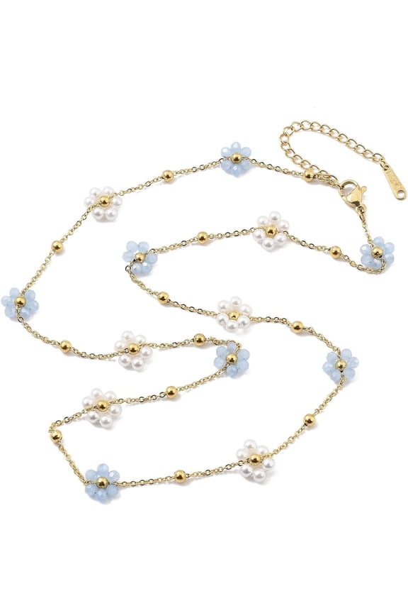 Glass and ABS Plastic Flower Link Chain Necklaces 316 Surgical Stainless Steel Jewelry for Women Real 18K golden Plated Light Blue 21.97 inch(55.8cm)