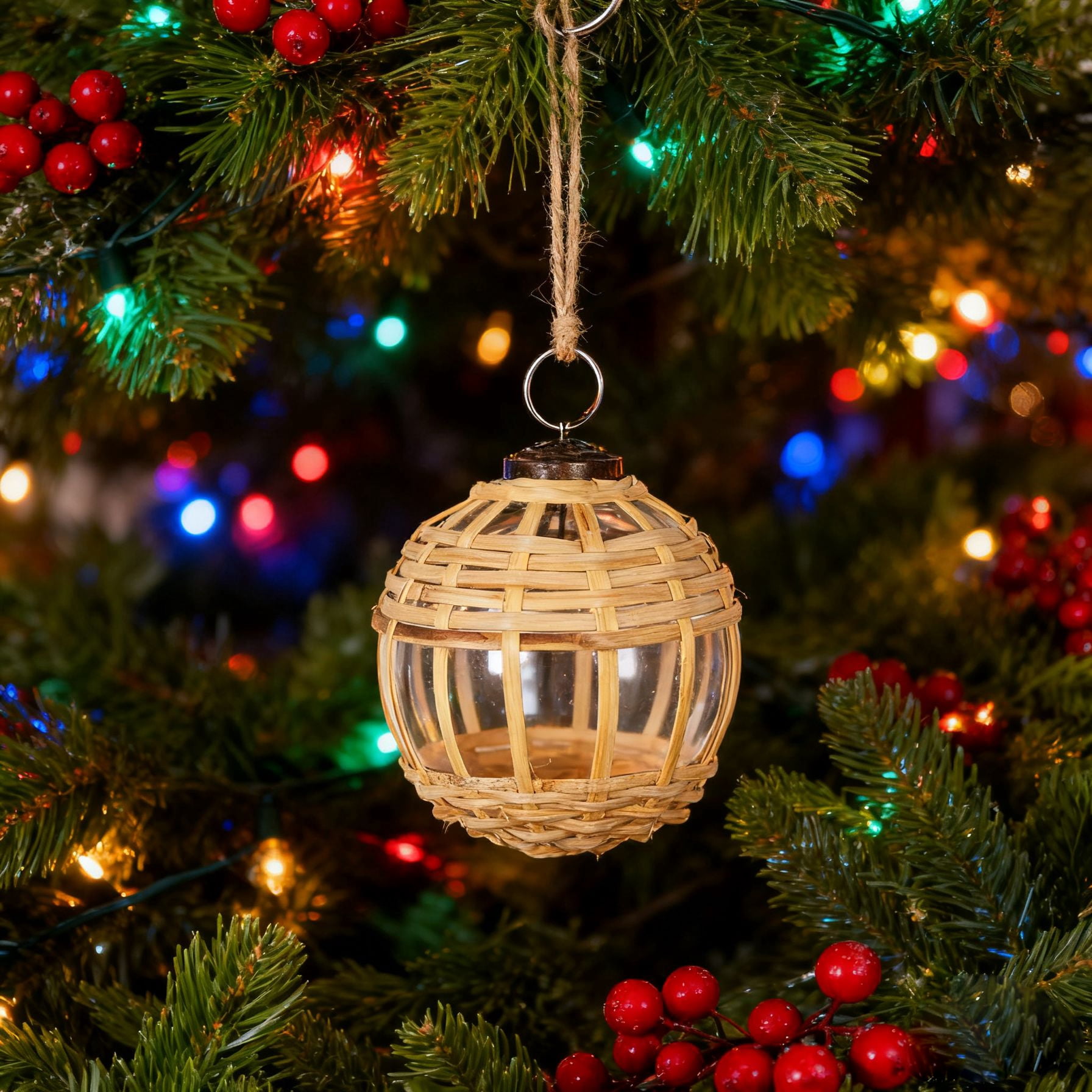 Glass and Cane Christmas Ball Ornament 3.6 Inch Rustic Natural Texture Tree Garland Decor