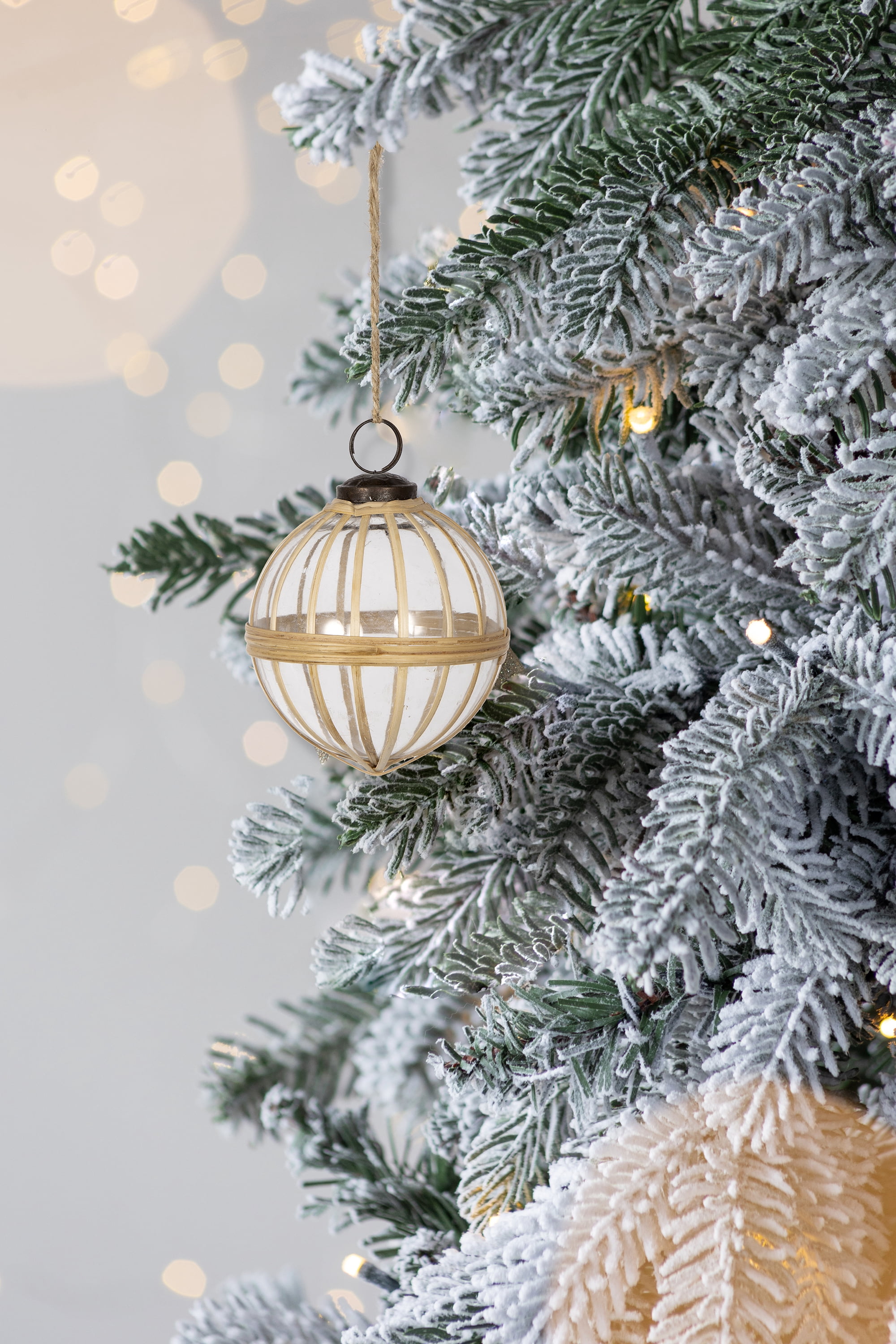 Glass and Cane Christmas Ball Ornament 3.8 Inch Rustic Natural Texture Tree Garland Decor