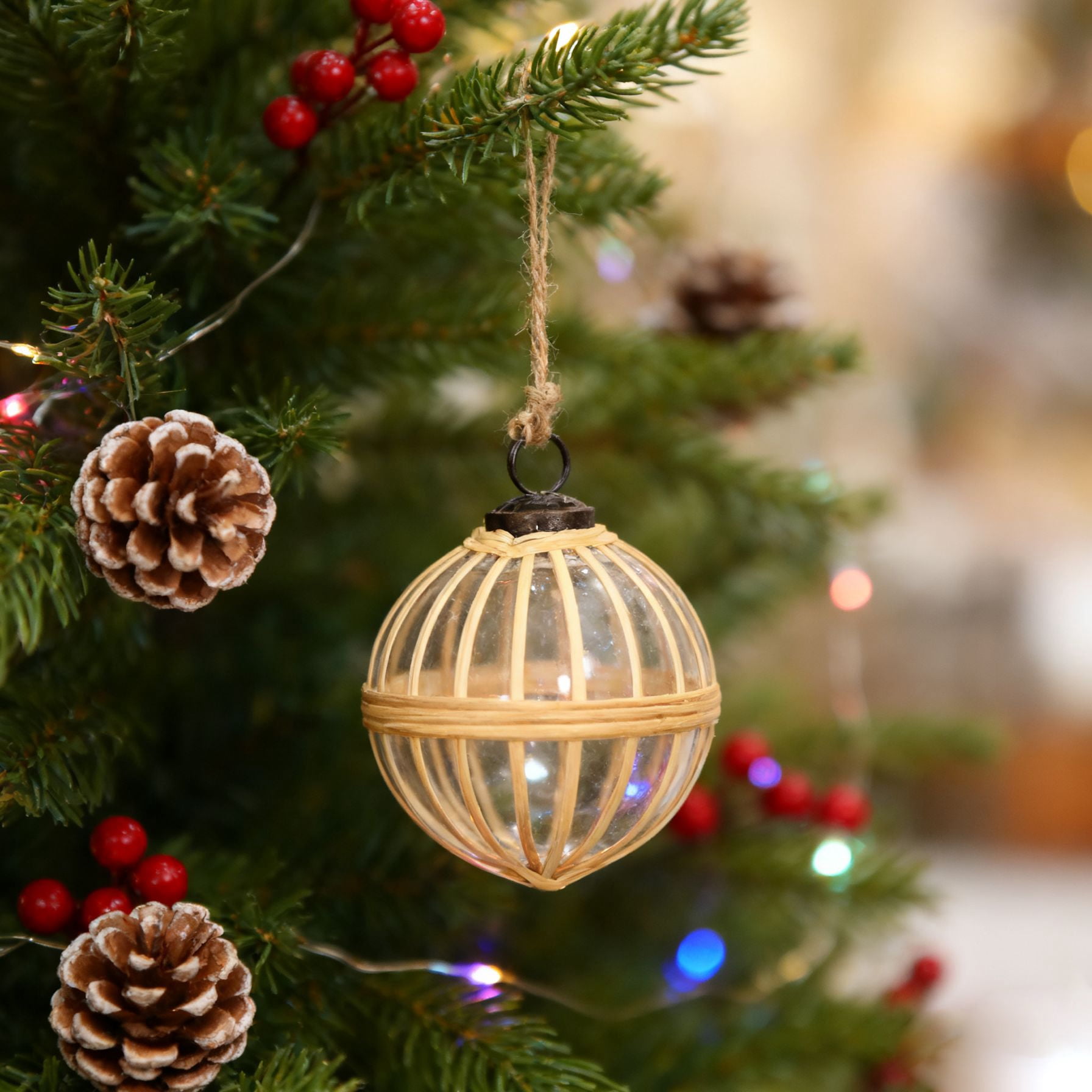 Glass and Cane Christmas Ball Ornament 4.5 Inch Rustic Natural Texture Tree Garland Decor