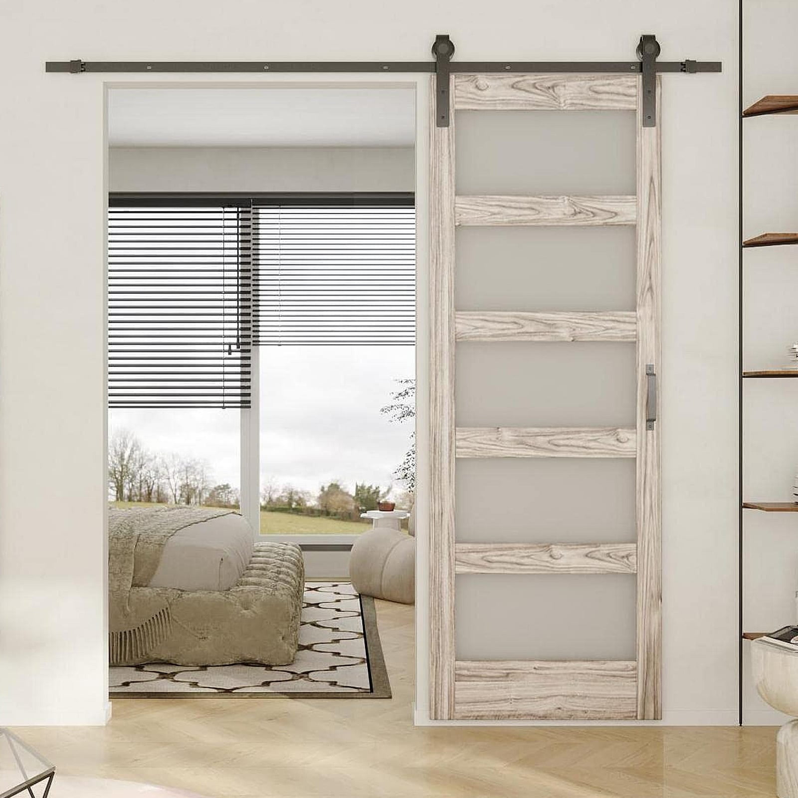Light Brown Glass and Wood Sliding Barn Door with Hardware Kit