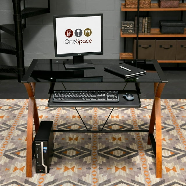 Glass and Wood Computer Desk with Pullout Keyboard Tray