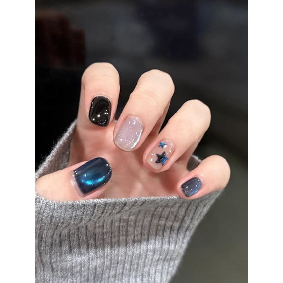 Glass beads, cat's eye stars, purely handmade armor, white, gentle and advanced, short nail art patch, fake nails.