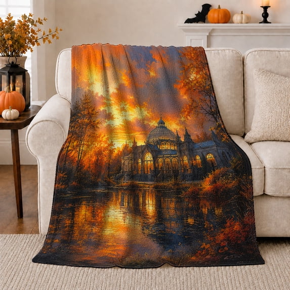 Glass conservatory autumn lake Flannel Blanket warm sunset landscape artwork Home Decor for couch bedroom reading nook, Wedding Gift for architecture and nature lovers