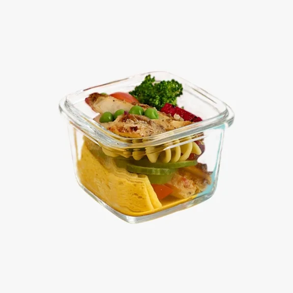 Glass container, square 150 ml, transparent, with blue lid, 2-piece