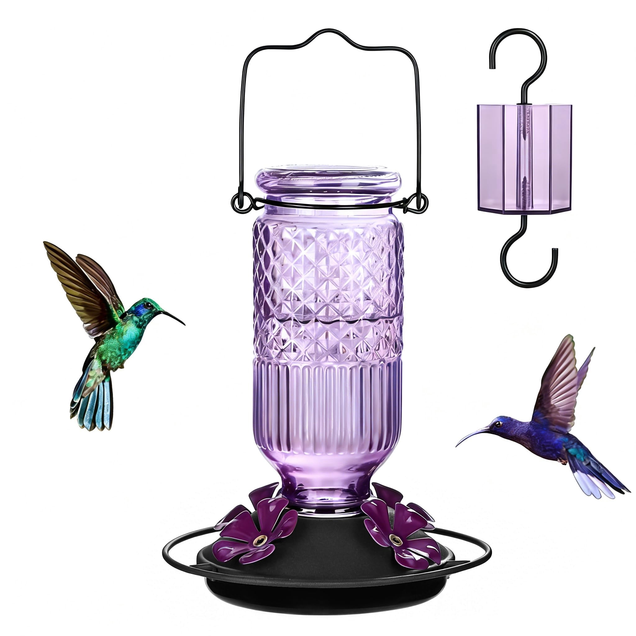 Glass hummingbird feeder, 16 oz outdoor hanging bird feeder with anti-ant trough, 4 bee-proof feeding openings, 360° perch, leak-proof.
