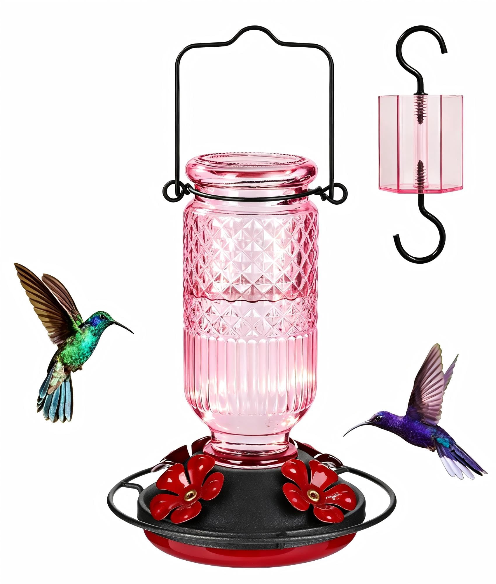 Glass hummingbird feeder, 16 oz outdoor hanging bird feeder with anti-ant trough, 4 bee-proof feeding openings, 360° perch, leak-proof.