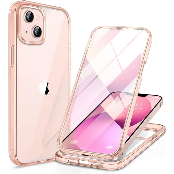 Glass iPhone 13 Case 6.1 inch, 2023 Upgrade Full-Body Clear Bumper Case with Built-in 9H Tempered Glass Screen Protector for iPhone 13,Clear Pink